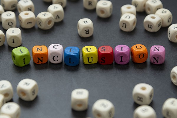 Coloured dice with letters spell out 'inclusion'.